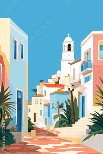 Albufeira, Portugal town illustrated poster in retro style. Vintage vector travel booklet, brochure, postcard, print, cover with panoramic view, street, houses