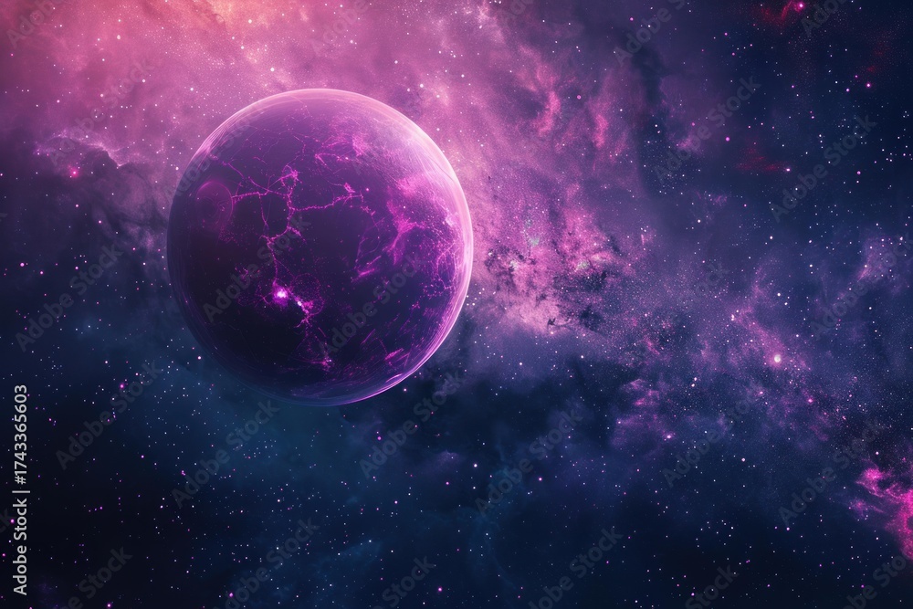 Obraz premium Fantastic colorful nebula with alien planet rotating in outer space