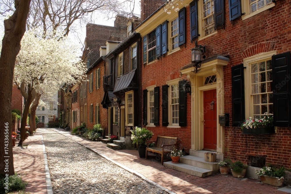 Fototapeta premium Philadelphia Homes: Historic Society Hill Colonial Buildings in Spring City Landscape