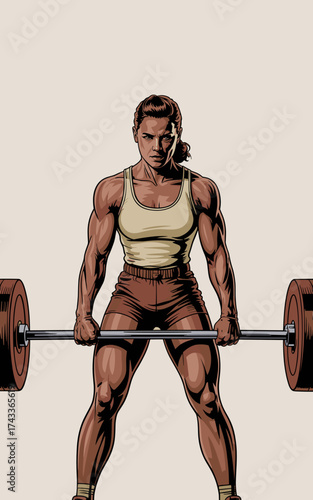 Muscular Woman Preparing for Deadlift Exercise in Gym, Strength Training for Fitness, Powerlifting Workout, Healthy Lifestyle, Determined Athlete, Weightlifting, Cartoon Illustration Style for Sports