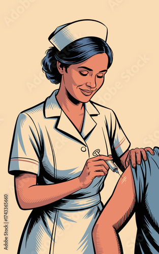 Retro Nurse Administering Vaccine Injection to Patient's Arm in Clinic Setting, Promoting Healthcare Immunization, Professional Medical Service, and Preventative Medicine for Public Health Illustratio