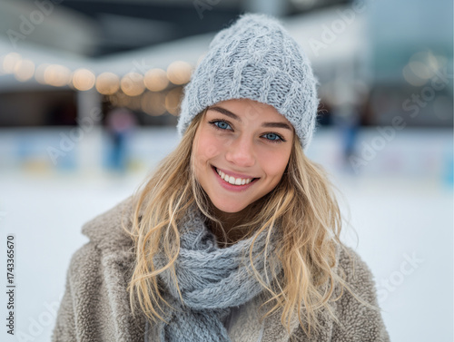 Joyful girl smiling warmly while ice skating at a winter outdoor rink during the day in a cozy knit hat and scarf