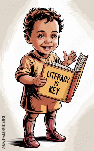 Smiling Child Holding an Open Book in a Cartoon Style Illustration for Educational Materials Promoting Reading and Early Literacy, Featuring Themes of Knowledge, Learning, and Childhood Development, i