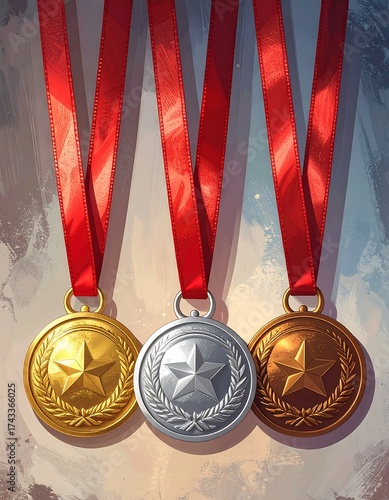 Three medals with ribbons, gold, silver, and bronze