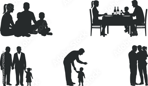 Family silhouettes showing parenting, bonding, everyday life, emotional connection, dining, sitting, caring, black figures, isolated, lifestyle concept, white background