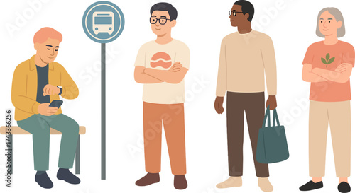 A group of people at a bus stop, with one using their phone, another waiting casually, and two others standing and chatting.