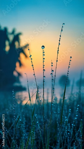 Sunrise Dew on Tall Grass in a Serene Meadow at Dawn With Soft Pastel Sky