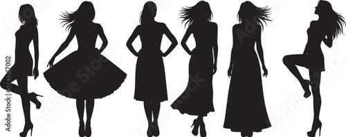 Fashion silhouettes of women in stylish dresses, high heels, dynamic poses, elegance, movement, black figures, isolated, lifestyle concept, white background