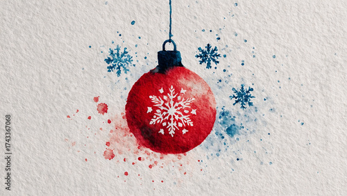 A watercolor design of a Christmas ornament with snowflakes, minimalist and Clean background
