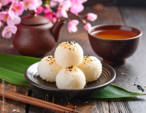 Rice balls with sesame seeds on plate, with tea, blossoms and chop sticks on a dark wooden surface