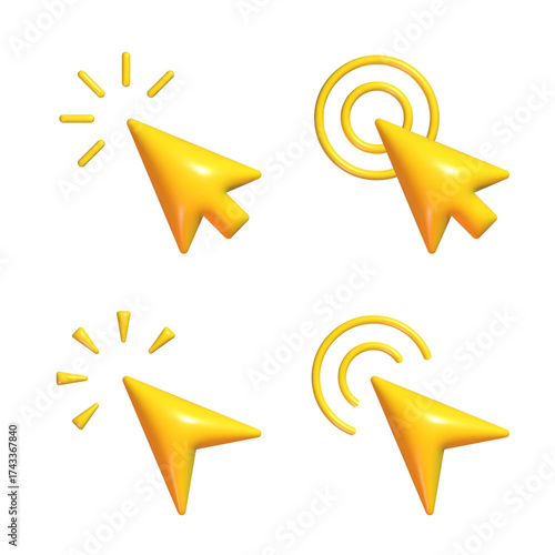 Yellow arrow pointer set. Collection of UI elements, 3d mouse cursor icon