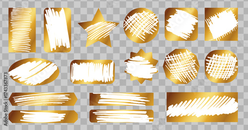 Golden scratch card shapes set. Lottery ticket collection with scraped textures