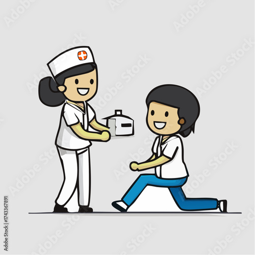 Cartoon nurse handing a lunchbox to a happy kneeling patient in a white and blue outfit against a plain background.