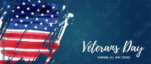 Grunge artistic American flag with the text 'Veterans Day' on a blue background, honoring those who served.