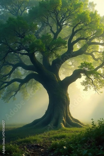 Mystical Dawn Ancient Oak Tree in Ethereal Morning Mist, Sunlight Filtering Through Leaves, Perfect for Fantasy and Fairytale Themes