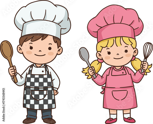 Cartoon children cooking, boy and girl chefs, whisk and spoon, pink and checkered aprons, playful kitchen scene, kids culinary activity
