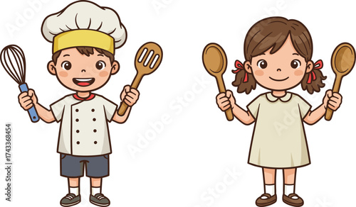 Cartoon children cooking, chef boy and girl, kitchen utensils, whisk and spoon, playful cooking scene, kids in chef outfits, fun kitchen