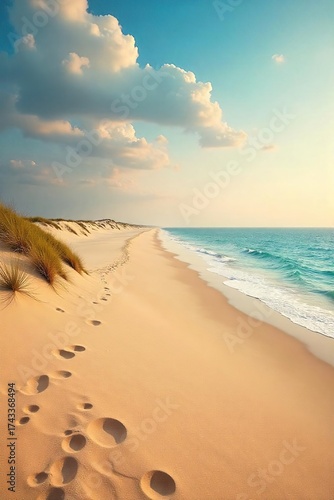 Sun-Kissed Dunes Meet Calm Ocean A Serene Beach Sunset Scene Perfect for Travel and Vacation Marketing