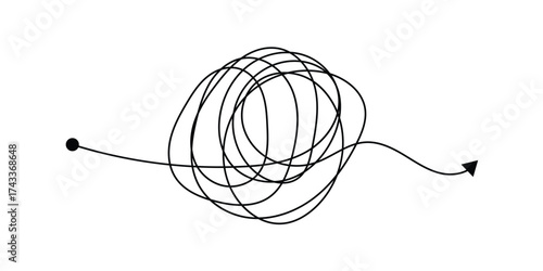 Messy lines. Complicated scribble path, messy tangle, doodle knot as thought from complex to easy solution. Confused brain problems. Labyrinth and chaos vector concepts vector illustration in eps 10.