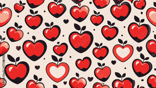 Seamless vector pattern featuring red apples and heart symbols on red background, representing health, love, nutrition, and freshness in a charming modern design