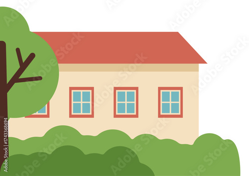 Abstract suburban house with a red roof and a green tree. Flat vector illustration of a building and nature.