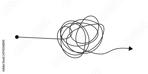 Messy lines. Complicated scribble path, messy tangle, doodle knot as thought from complex to easy solution. Confused brain problems. Labyrinth and chaos vector concepts vector illustration in eps 10.