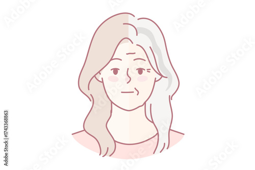Young and old grey-haired woman aging process. Female in younger and older ages. Vector illustration.
