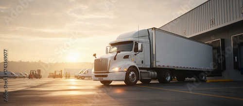A gleaming commercial truck prepares to load or unload at a modern, efficient warehouse. Against the warm light of a sunrise, the image conveys themes of transportation, logistics, and supply chain.
