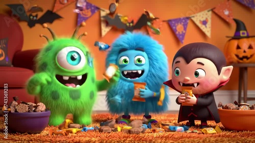 Happy spooky monsters eating Halloween candy and celebrating party indoors in daylight