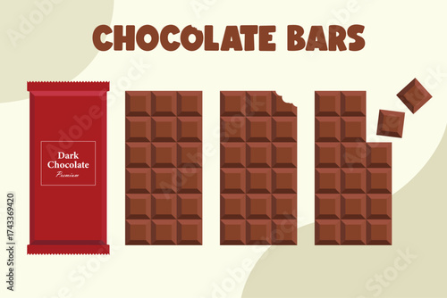 Chocolate Bars with label, full and bitten chocolate vector flat illustration
