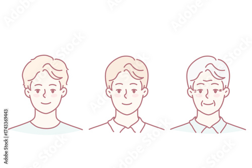 Set of man aging. Collection of teen guy, grownup male and mature grandfather. Concept of age process. Vector illustration.