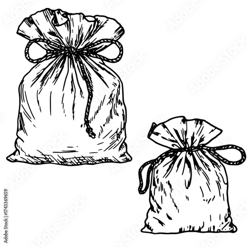 Canvas bag tied with string, sketch. Vector illustration. The packaging for storing food and gifts, a set, is isolated on a white background. Food and cuisine theme of Christmas, New Year and holidays