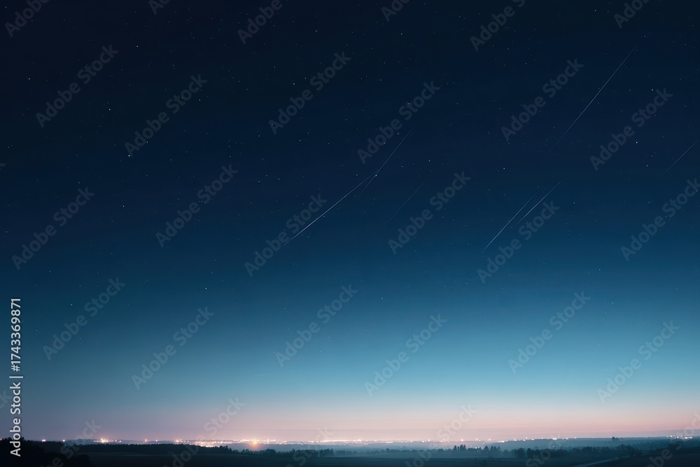 Naklejka premium Serene Nightscape - Gradient Sky over Distant City Lights, Tranquil Horizon.