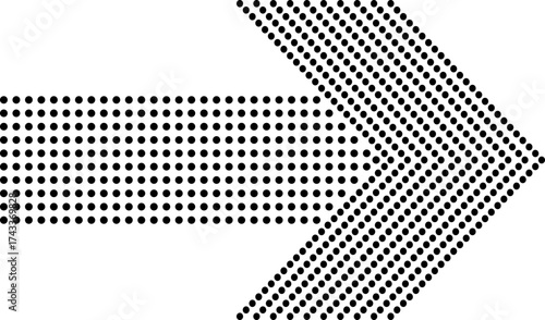 Black dotted arrow pointing right. Modern halftone design concept representing direction, progress, movement, or navigation. Suitable for infographic, interface, and technology themes.
