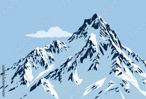 Vector illustration of a high snow covered mountain peak with sharp ridges and blue sky with clouds in the background