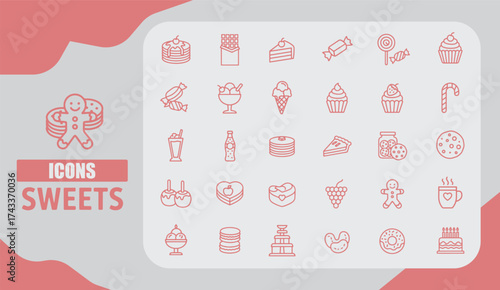 Sweets and Candy Line Icons with Editable Stroke in Minimal Vector Outline Style