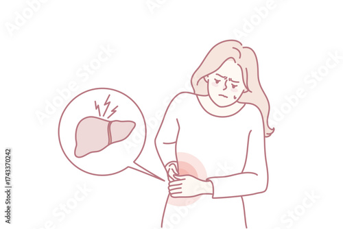 Unhealthy woman suffer from liver problems. Unwell girl struggle with body organ inflammation. Healthcare and medicine. Vector illustration.