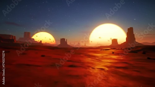 Futuristic landscape with two suns shining in desert night sky view