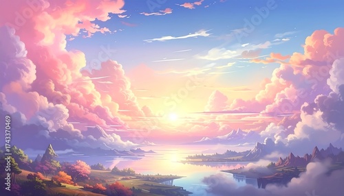 Serene cartoon landscape with sunset, pink clouds, lake, and trees on a grassy shore. Pastel, soft, dreamy
