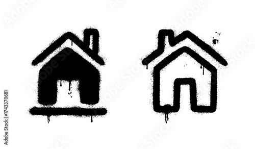 Black and white graffiti stencil illustration of home icons with urban street style
