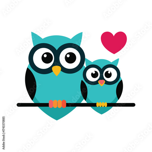 A cute cartoon owl couple is sitting on a branch of a tree in a vector illustration showing their love
