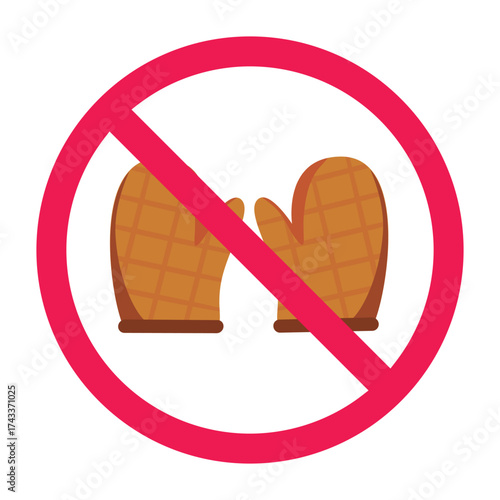 No kitchen glove sign, forbidden sign with pot holder icon, oven mitt prohibited symbol, red prohibition circle, flat vector illustration