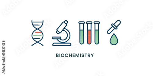 Print    Flat modern biochemistry icon pack – DNA strand, microscope lens, test tubes, chemical drop – clean stroke, isolated.