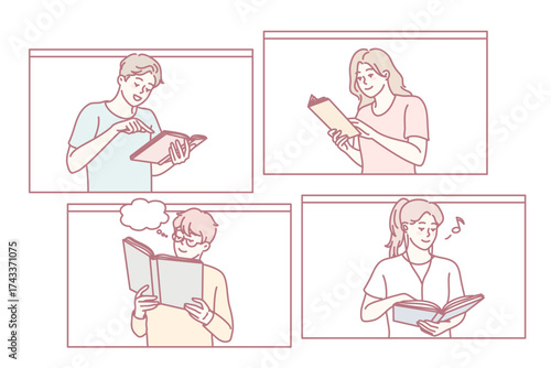 Happy people reading books. Smiling men and women enjoy literature. Education and knowledge. Vector illustration.