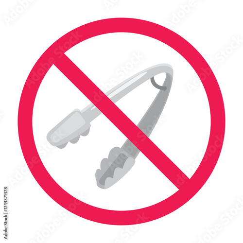 Forbidden sign with serving tongs icon, disadvantages of kitchen food tongs, red crossed circle symbol, flat vector illustration