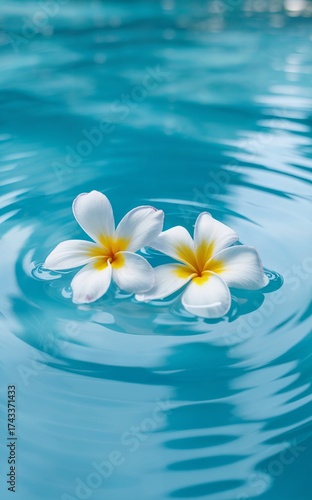 Two Plumeria Flowers Floating on Blue Pool Water Creates a Calm, Tropical Vacation Vibe