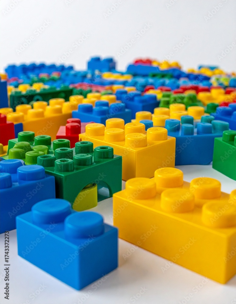 Obraz premium Close-up of Colorful Plastic Building Blocks on a White Background, Education and STEM Concept