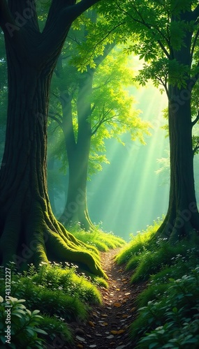 Sun-Dappled Forest Floor Lush Green Undergrowth, Towering Trees Casting Shadows, Tranquil Mystical Scene Perfect for Fantasy or Nature Projects