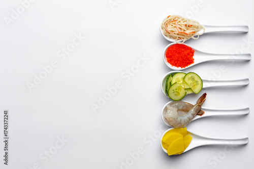 Wallpaper Mural Sushi ingredients in white spoons on a white background. Torontodigital.ca