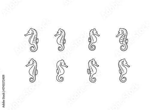 Set of Eight Stylized Seahorse Illustrations.